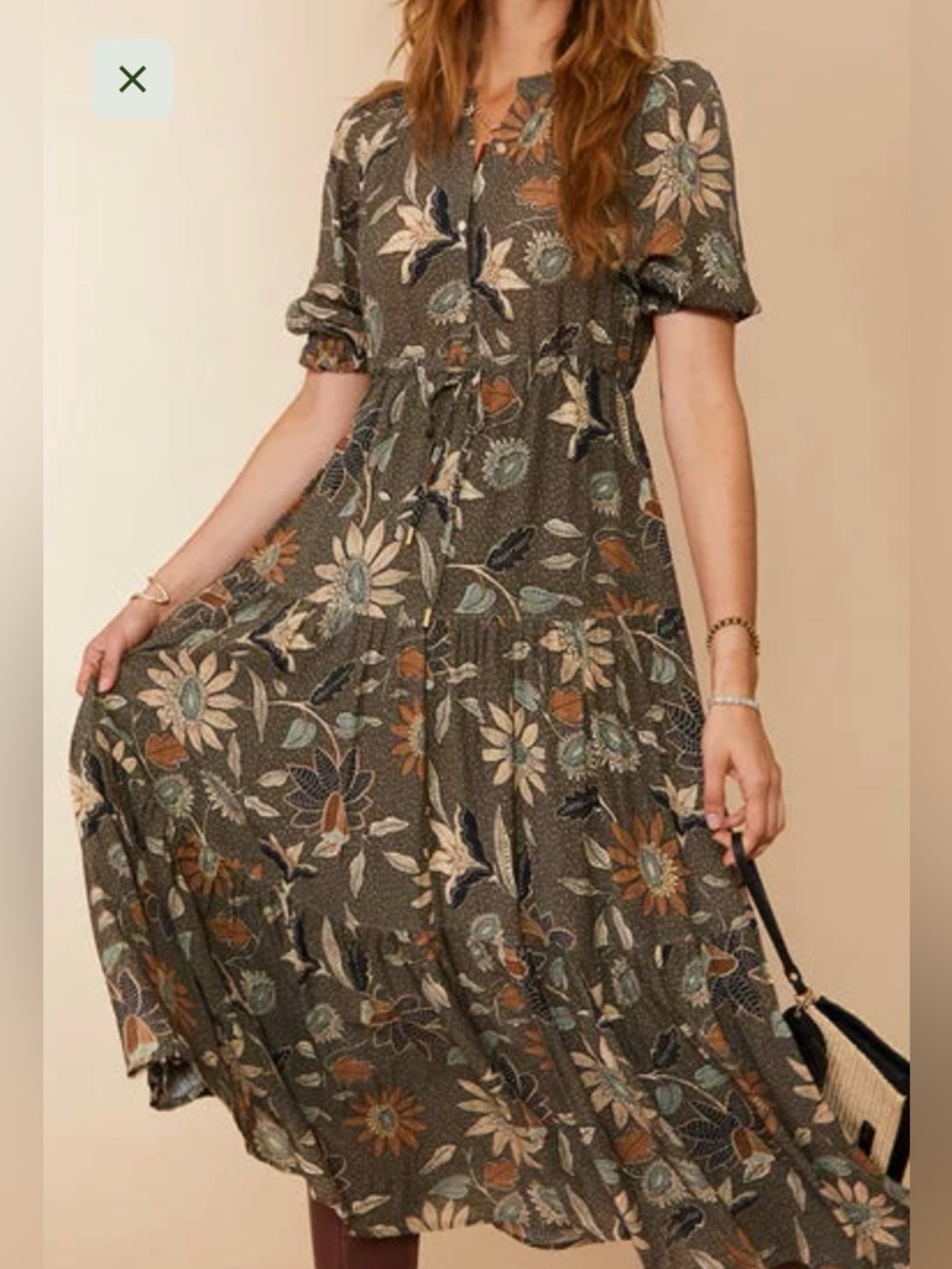 🤩Spartina 449 Olive Floral Tiered Maxi dress with Tan and Blue Accents🤑🤩 - Picture 9 of 11